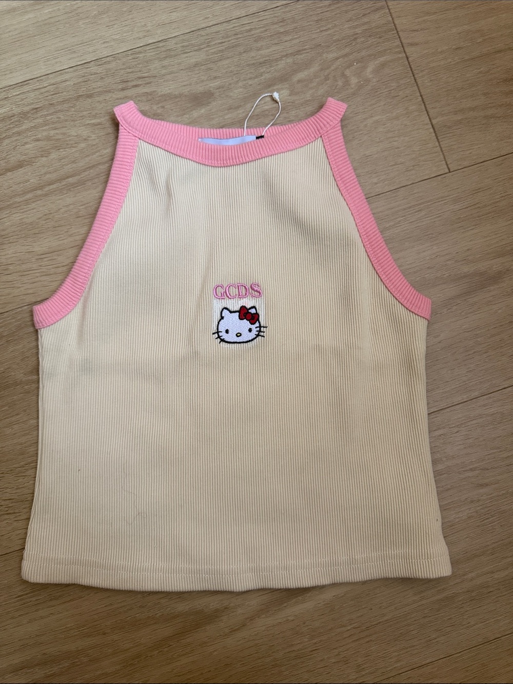 GCDS x Hello Kitty Beige Ribbed Tank Knit with Pink Trim